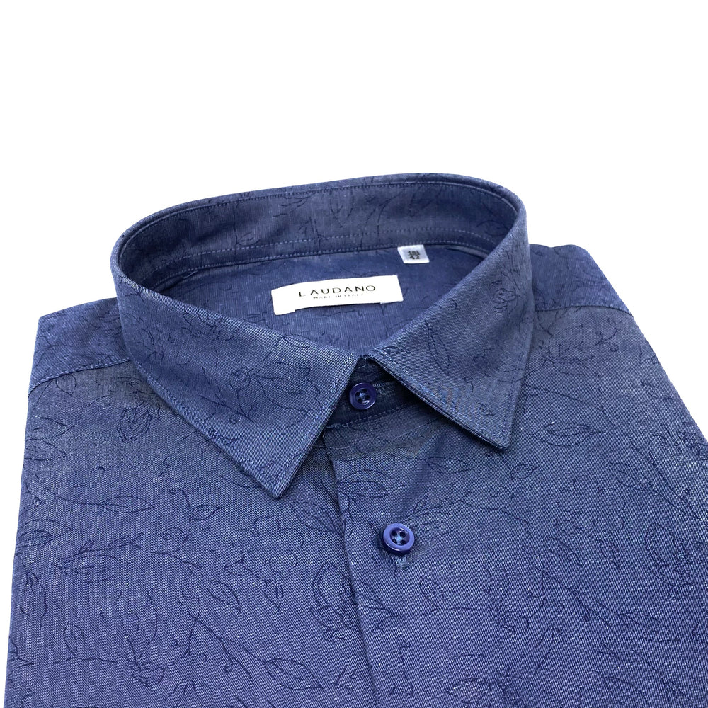 Dark Blue Floral Printed Cotton Shirt