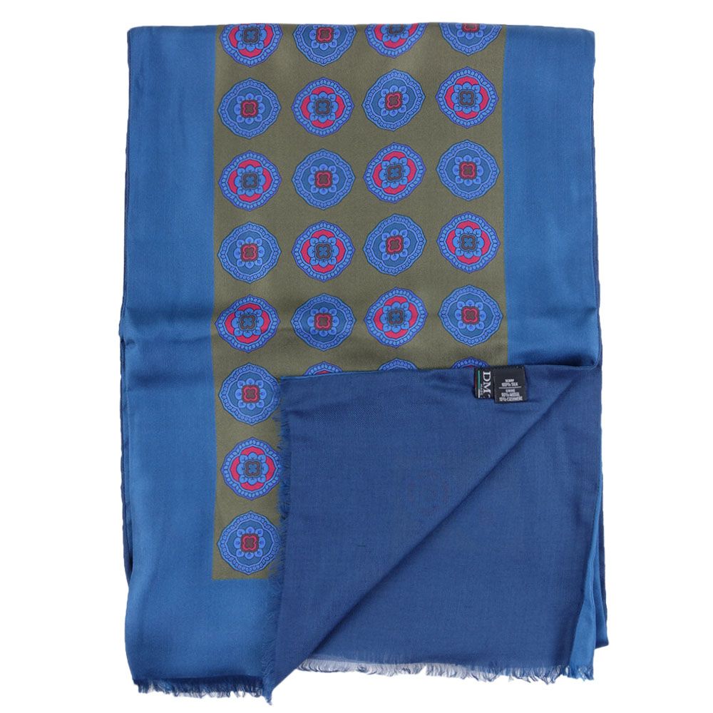 Blue Printed Silk and Cashmere Blend Scarf