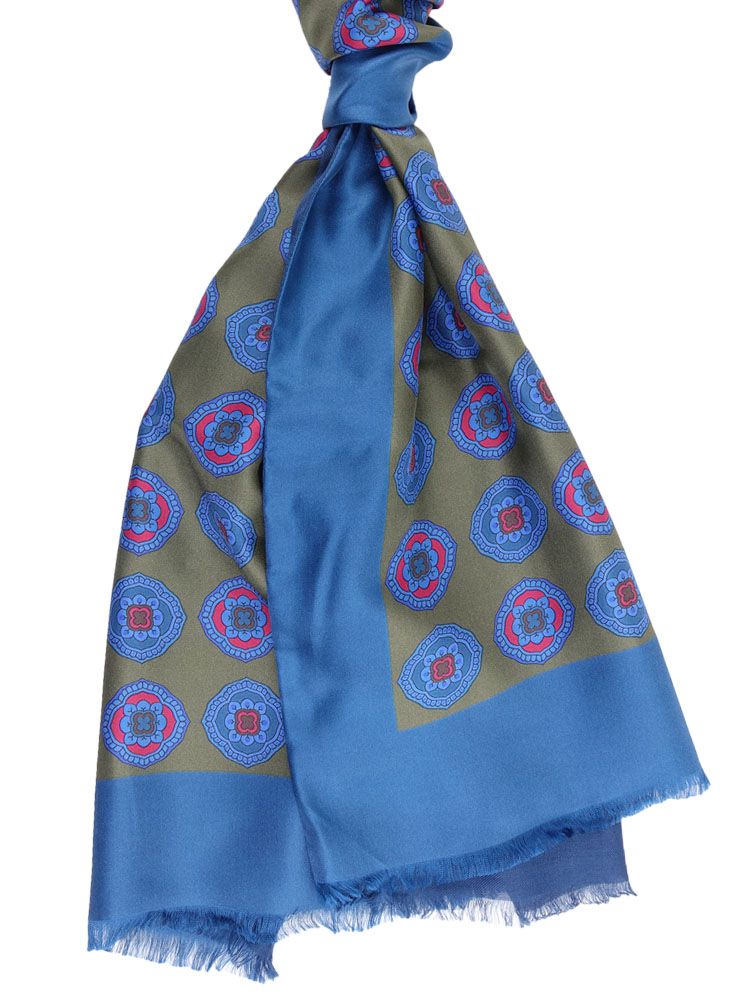 Blue Printed Silk and Cashmere Blend Scarf