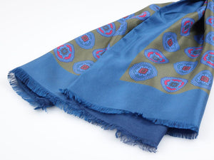 Blue Printed Silk and Cashmere Blend Scarf