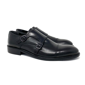 Black Cap Toe Monk Strap Shoes