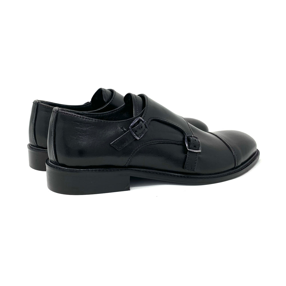 Black Cap Toe Monk Strap Shoes