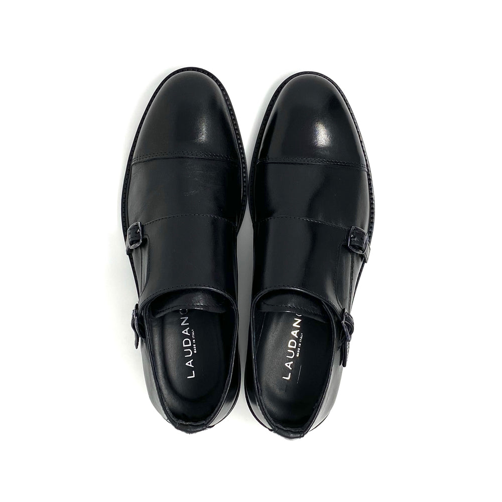 Black Cap Toe Monk Strap Shoes